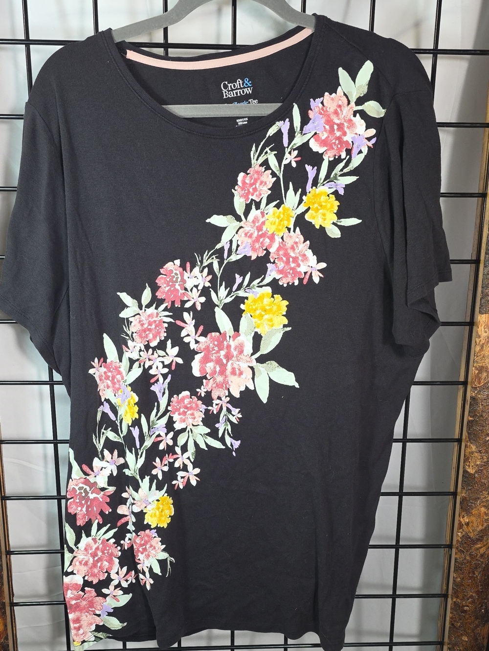 croft & barrow Black Tee with Pink and Yellow Floral Diagonal